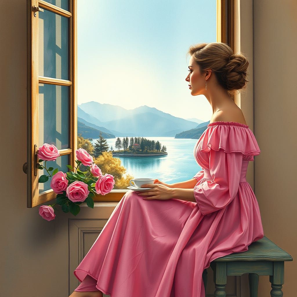 Woman by Window in Watercolor Style