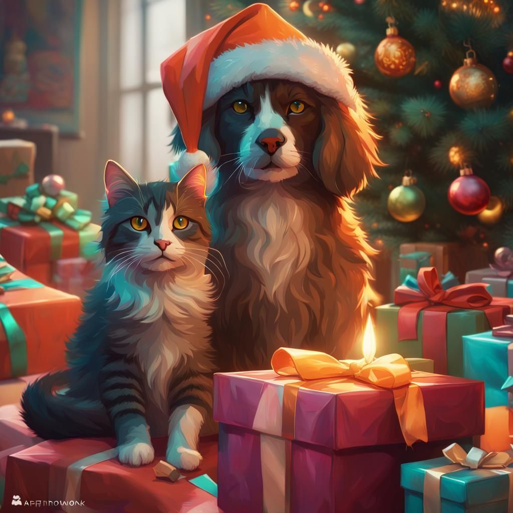 Festive Cat and Dog Open Christmas Gifts