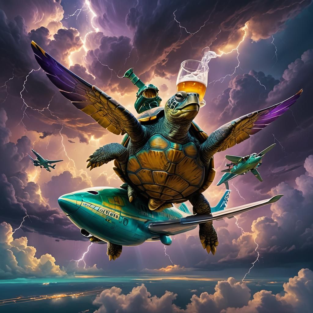 Turtle Sipping Beer on Airplane in Stormy Sky