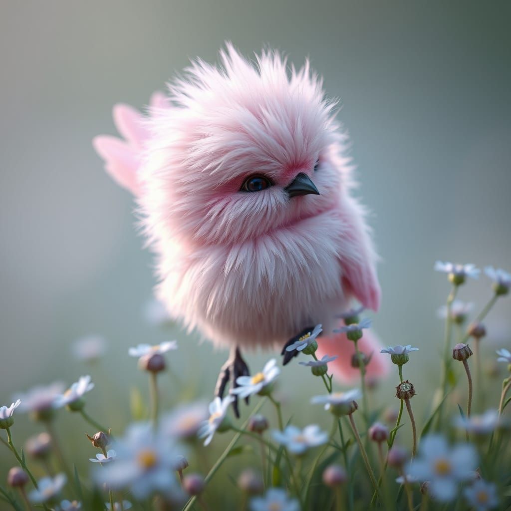 Surreal Fluffy Bird in Whimsical Springtime Wonderland