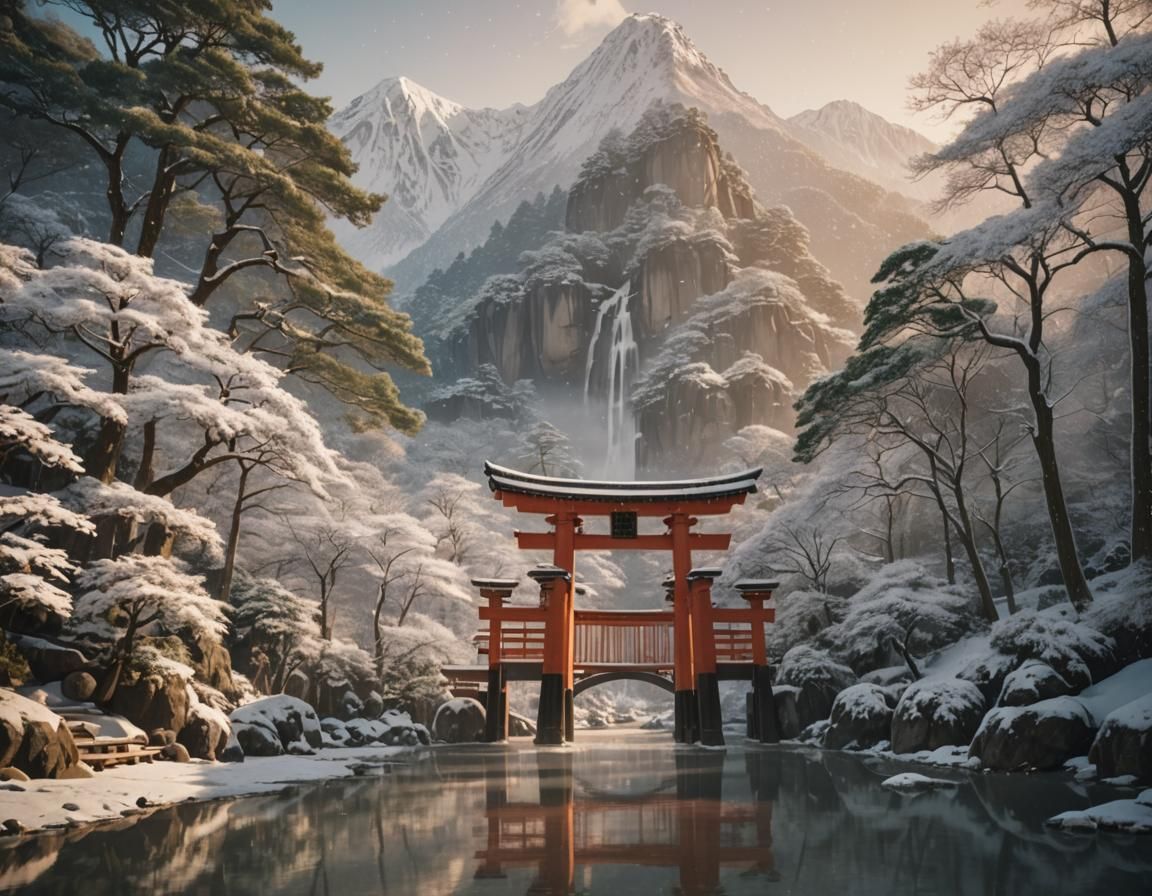 Serenely Beautiful Shinto Temple in Japanese Snowscape