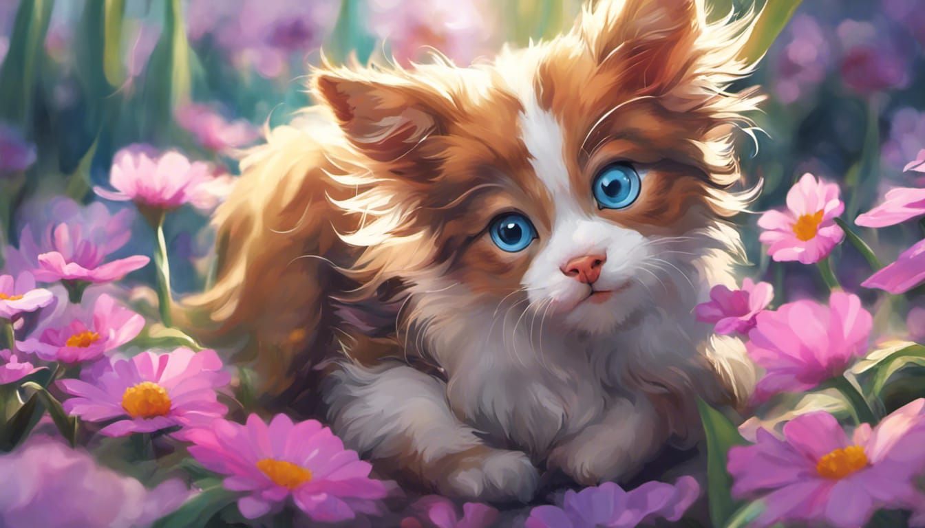 Puppy and Kitten Play among Pansies: Graffiti Art