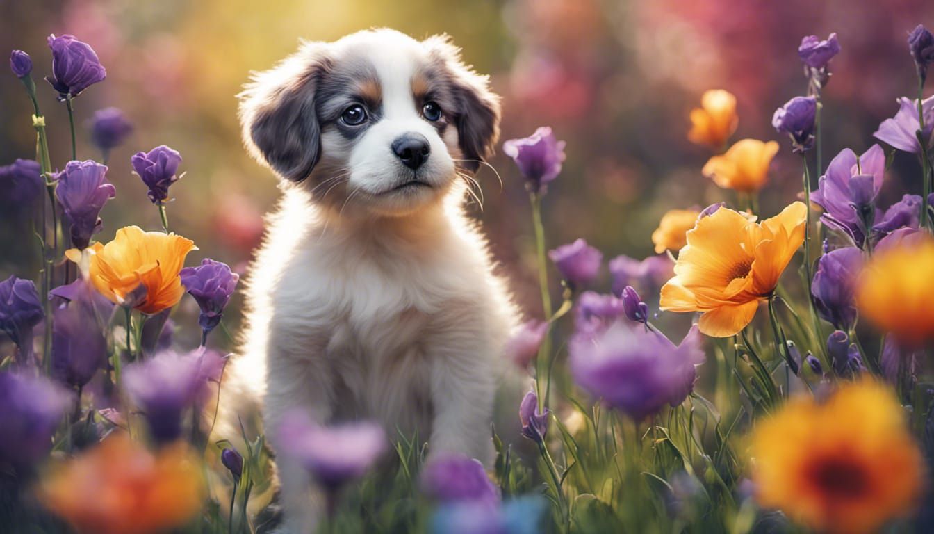 Adorable Puppy and Kitten Play in Flowerbed: Graffiti Art