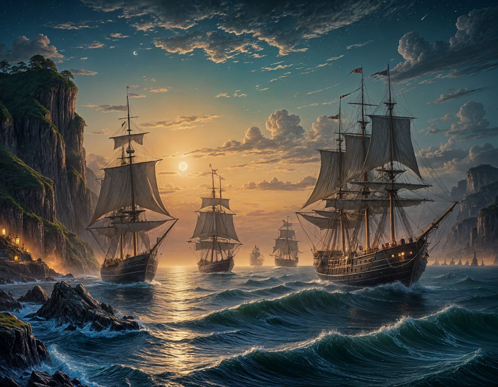 Surreal Fantasy Ships Moored at the Edge of Fading Lands in ...