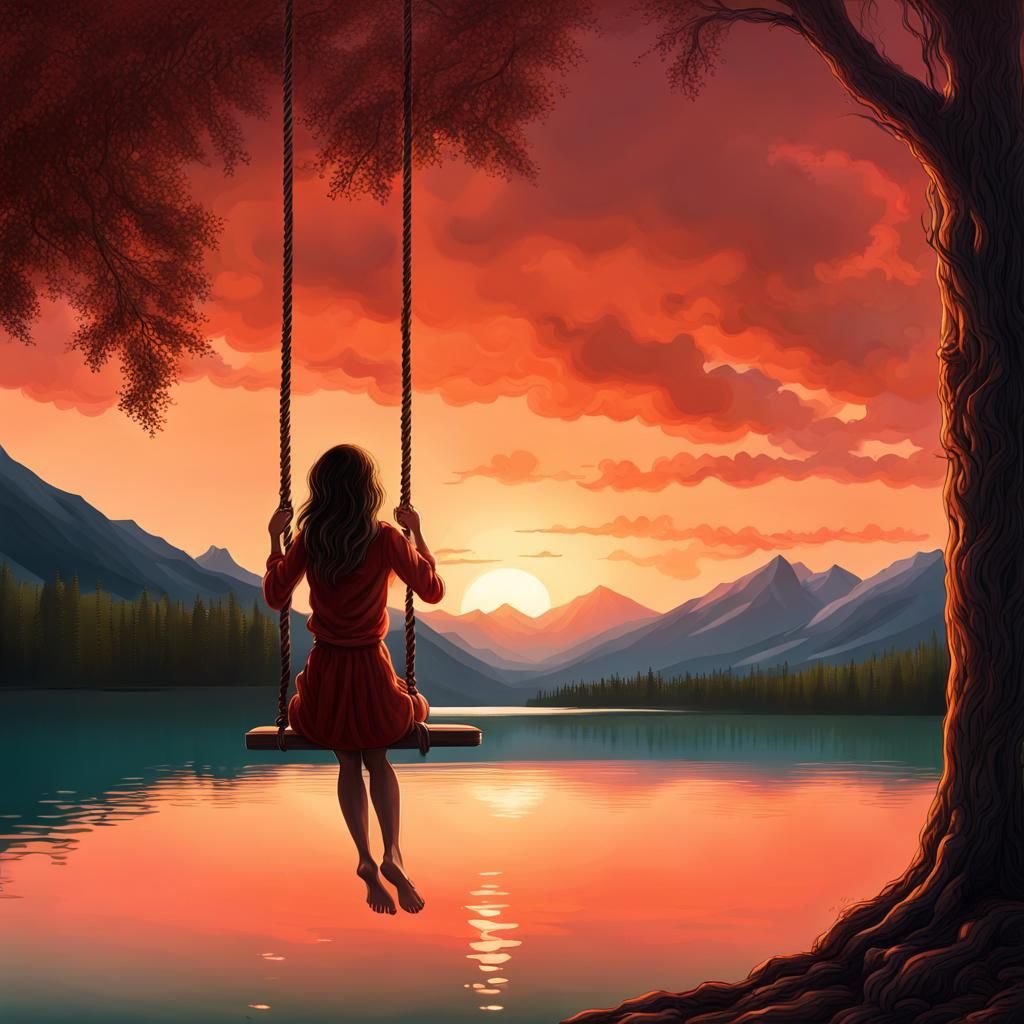Girl on Rope Swing at Sunset Lake