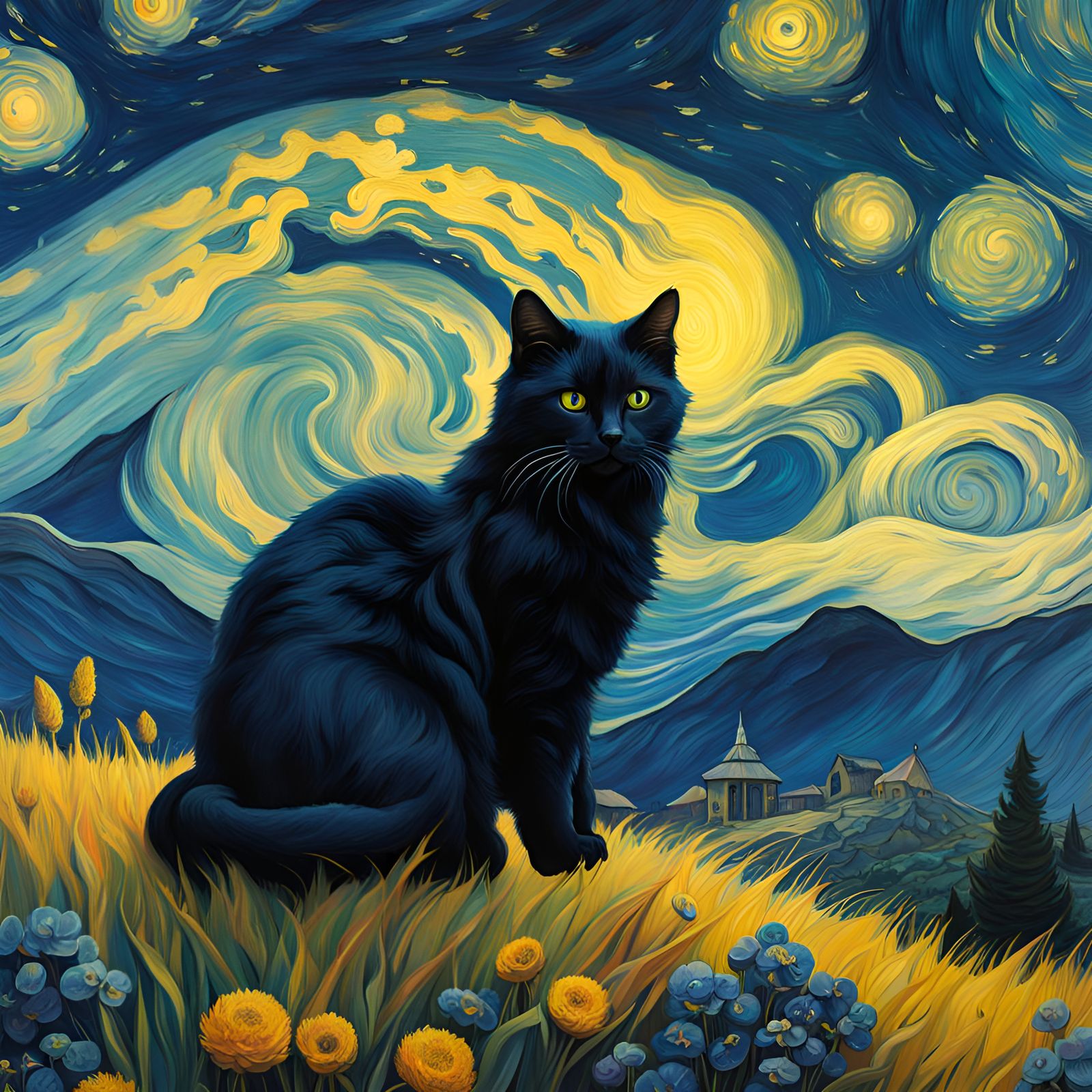 Cats in a Starry Night, Van Gogh Style