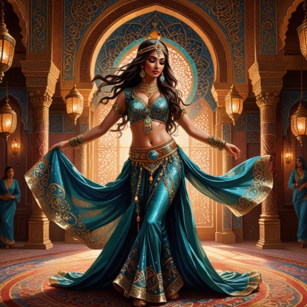 Arabic Belly Dancer in Ornate Palace, Vibrant Oil Painting