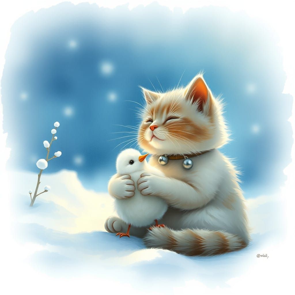 Whimsical Snowy Cat Sanctuary in Watercolor Style