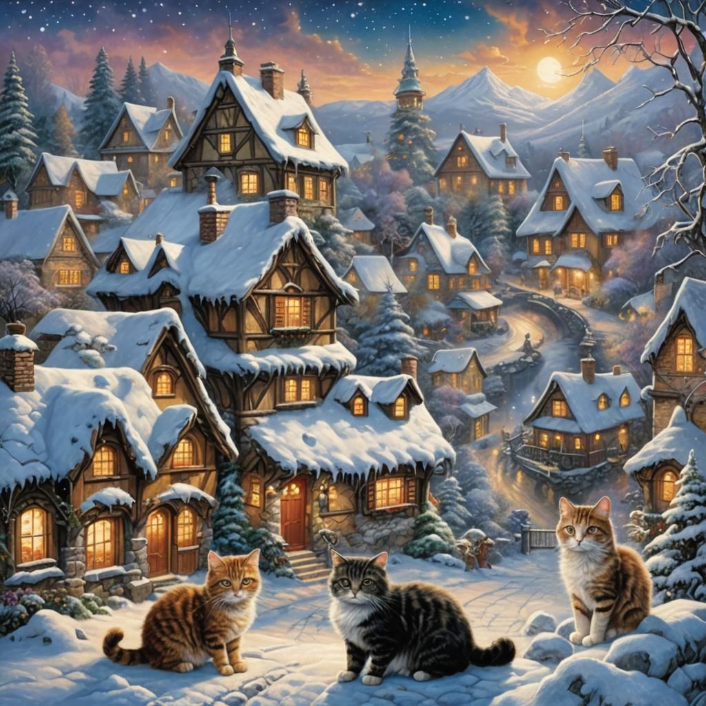 Cats Explore Winter Wonderland Landscape