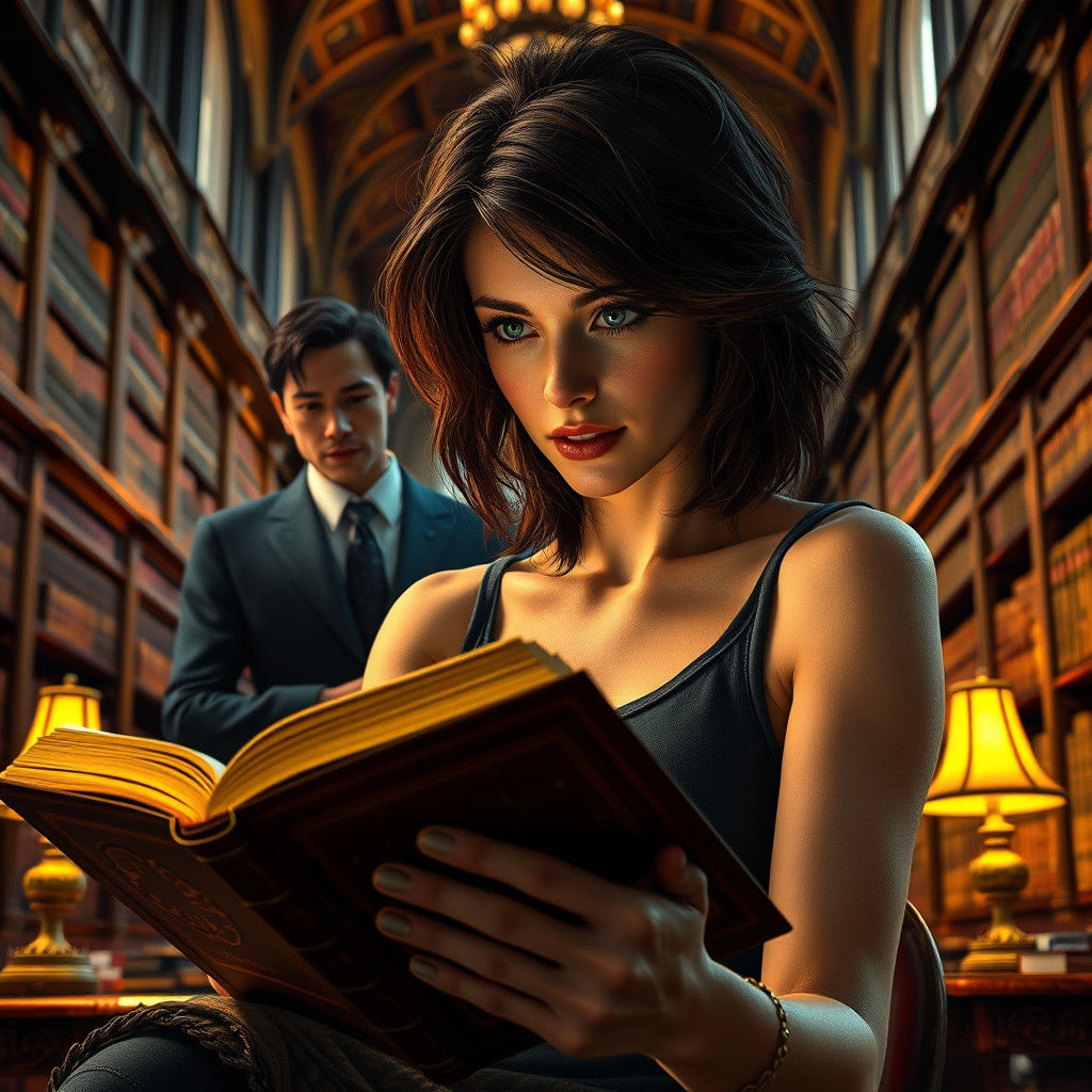 Brunette Reads in Library, Fantasy Concept Art