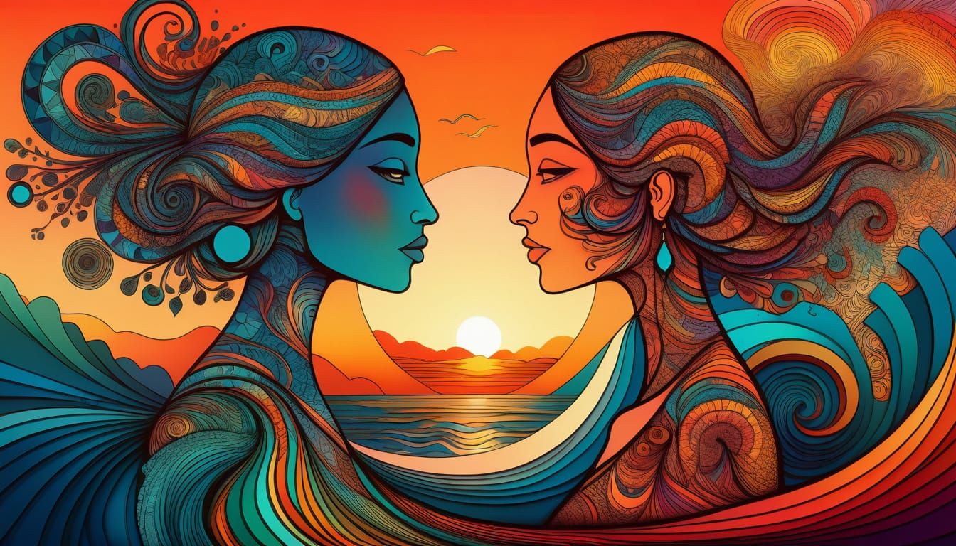 Woman and Girl at Sunset in Art Brut Style