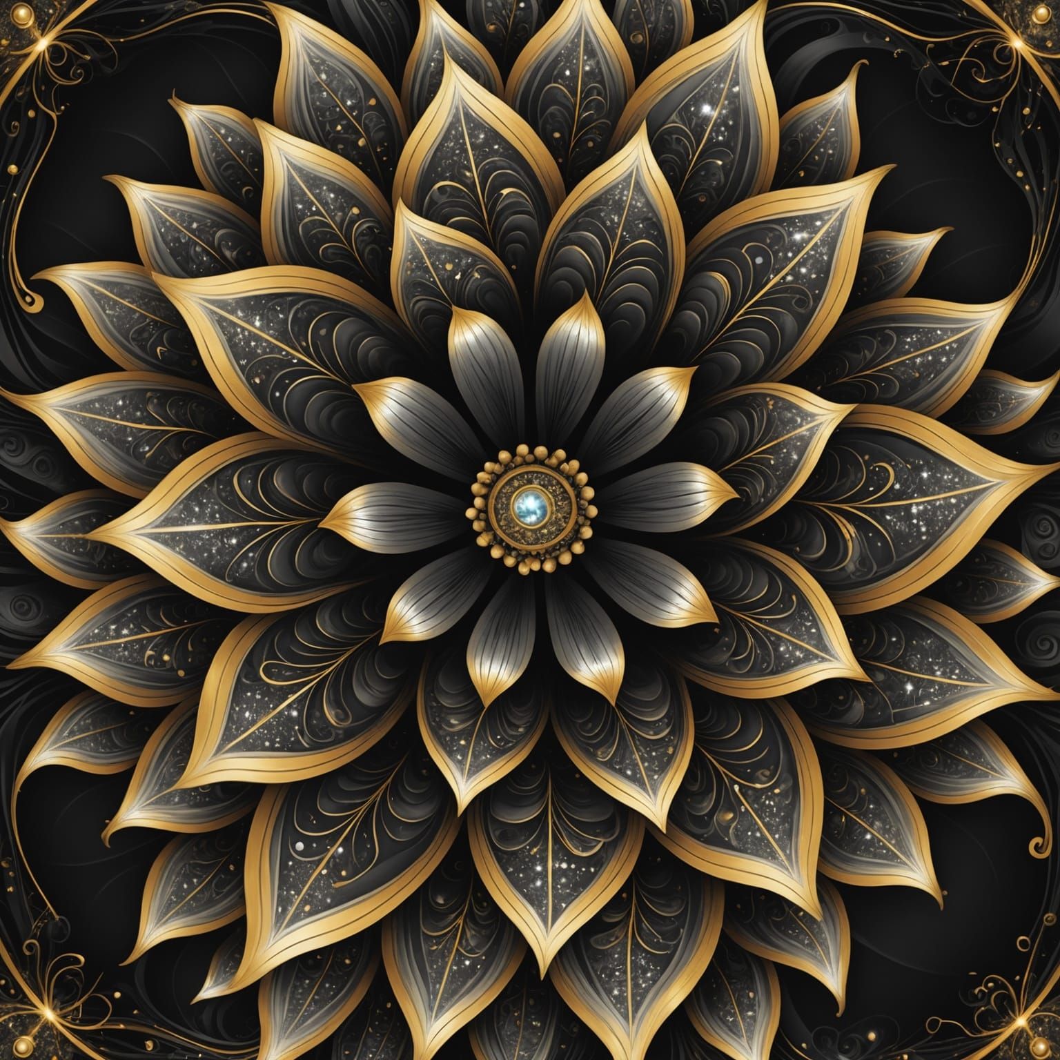 Abstract Fractal Flower with Silver Glitter