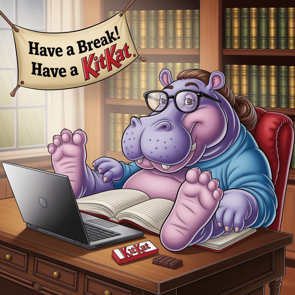 Whimsical Hippo Student in Gouache Caricature Style