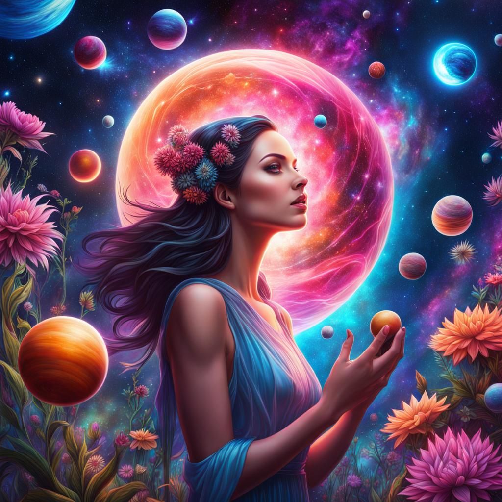Beautiful Girl Juggling Planets in Space Garden