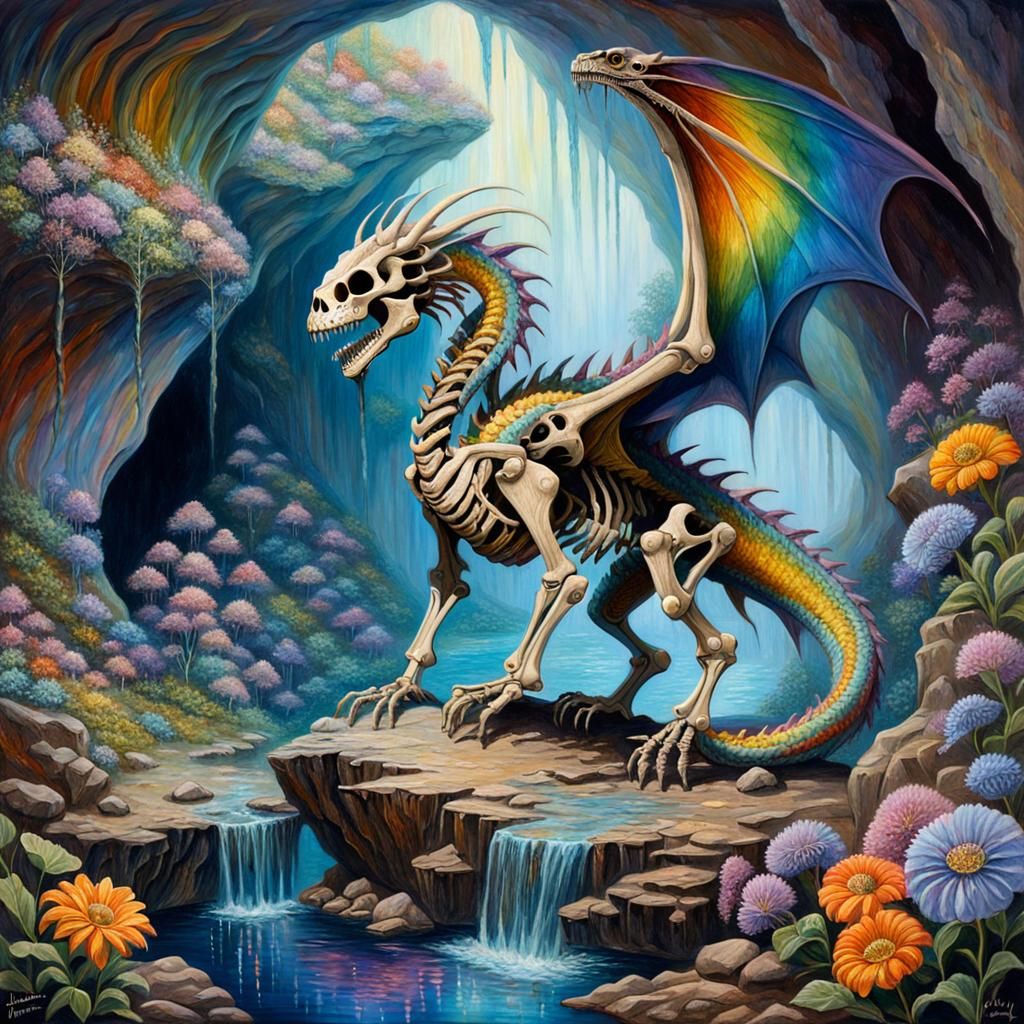 Rainbow Skeleton Dragon in Cave, Oil Painting