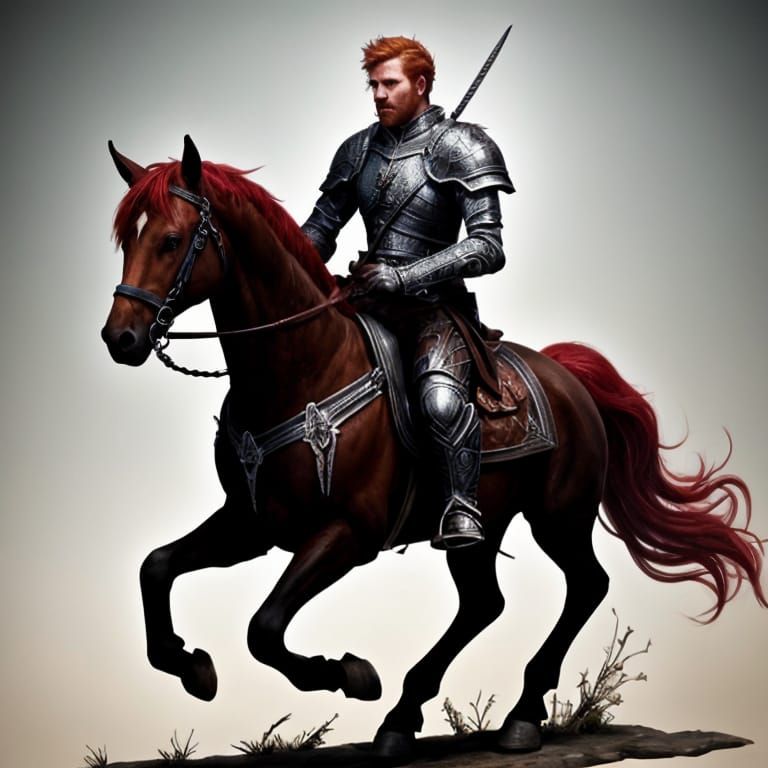 Red-Haired Paladin on Horseback with Enchanted Sword
