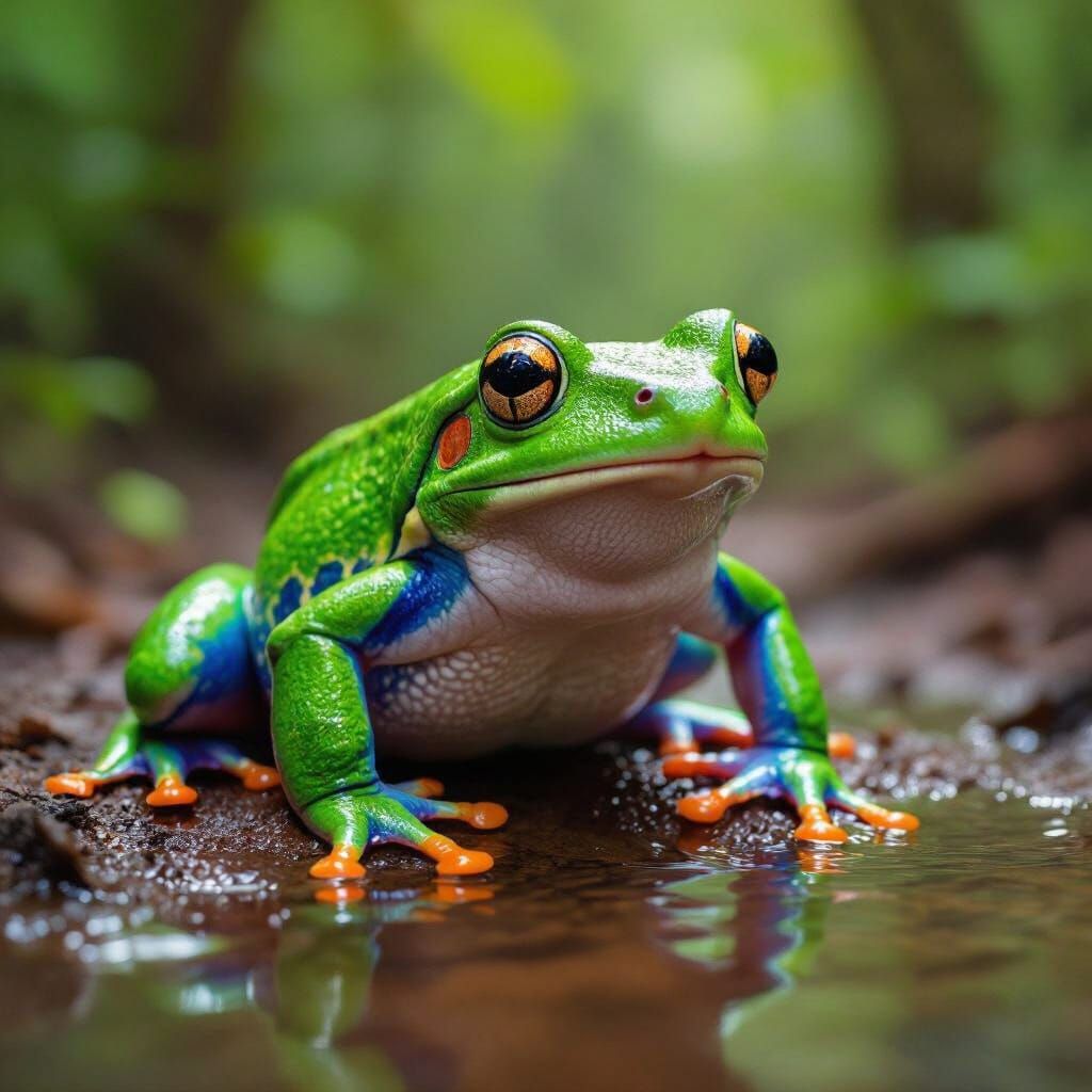 Colorful Painting of Frog Pointing in Rainforest
