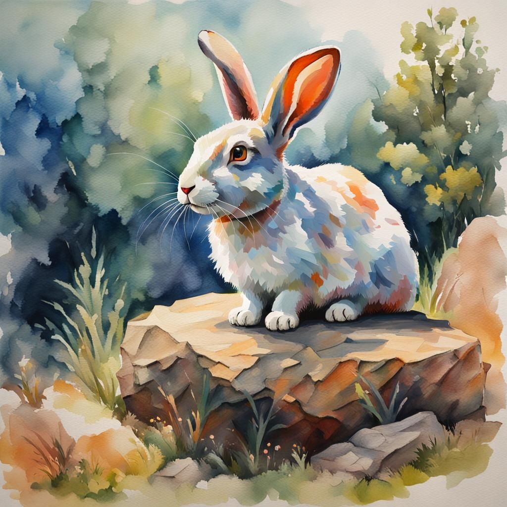 Rabbit on Rock: Gouache Impressionist Masterpiece