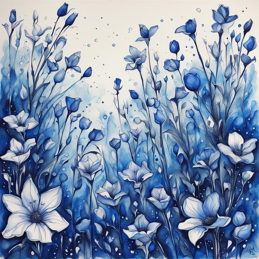 Blue Bellflowers in Modern Sci-Fi Ink Drawing