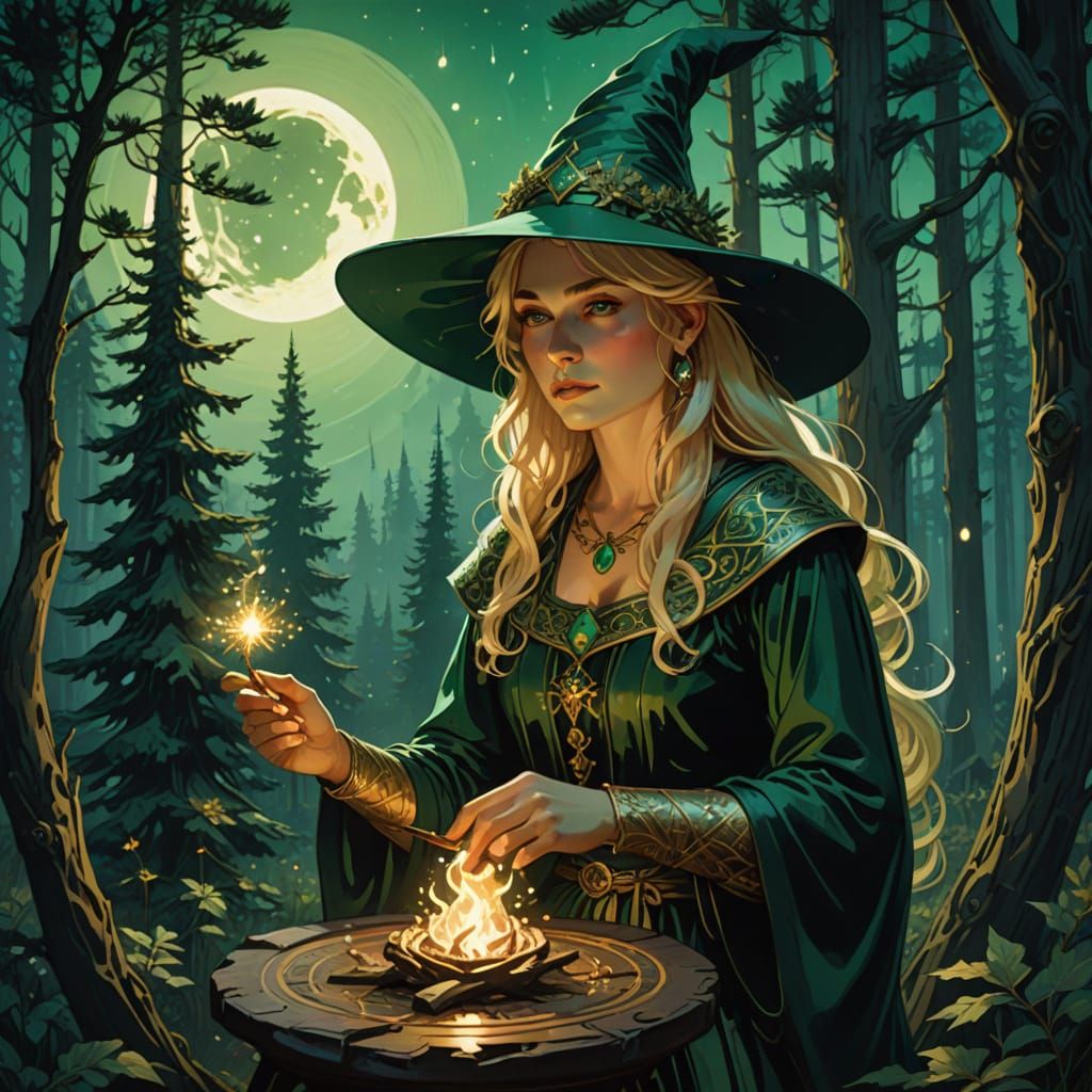 Pretty Witch in Forest with Magic Wand and Cauldron