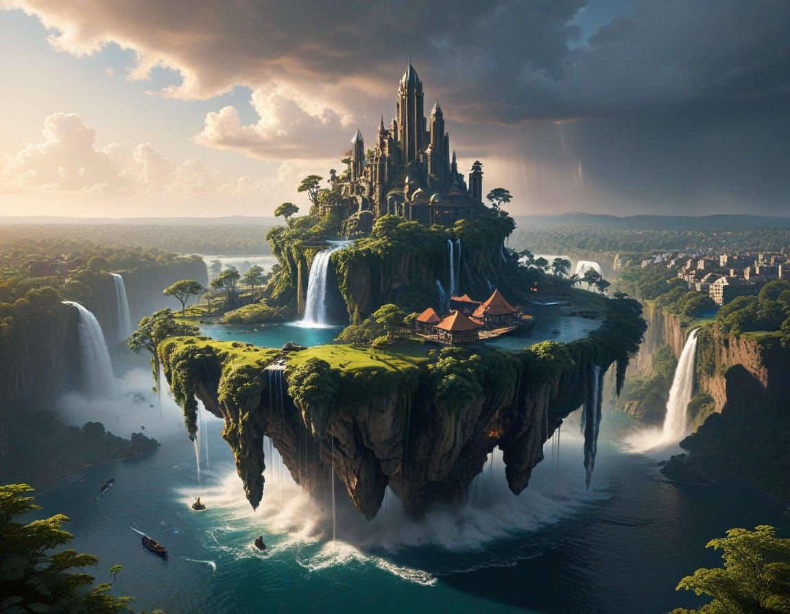 Cyberpunk Cityscape on a Floating Island with Majestic Water...