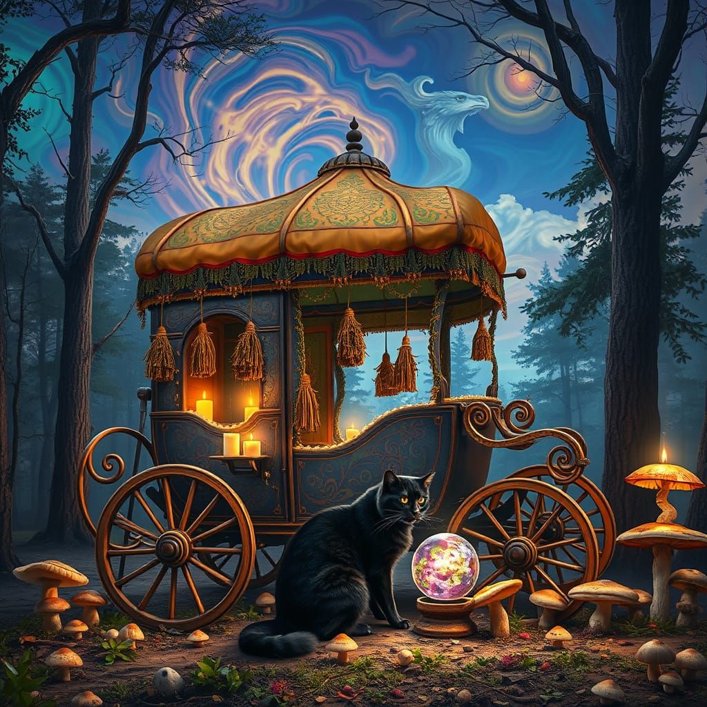 Ornate Gypsy Carriage in Psychedelic Forest Clearing
