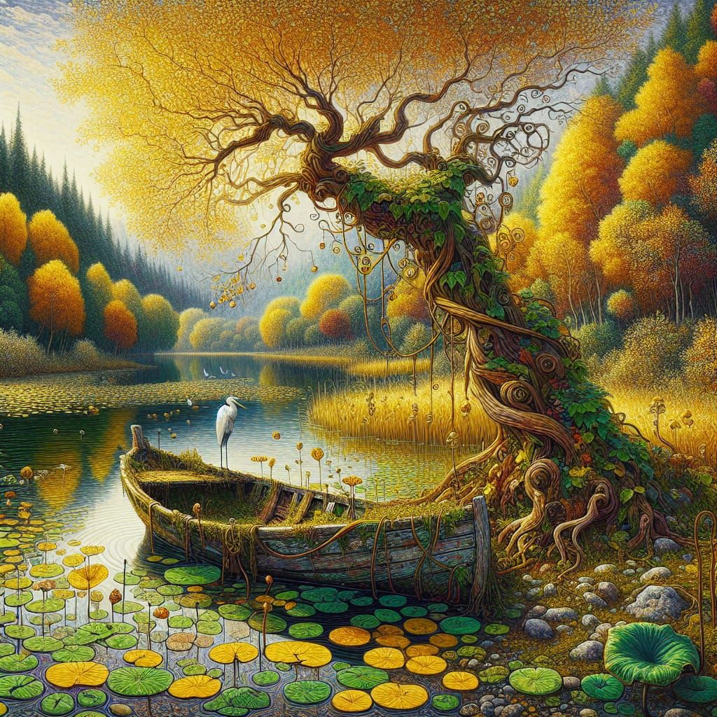 Autumn Landscape with Decaying Boat in Art Nouveau Style