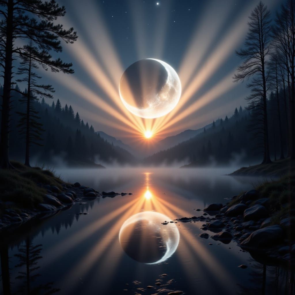 Crescent Moon Over Lake with Solar Eclipse