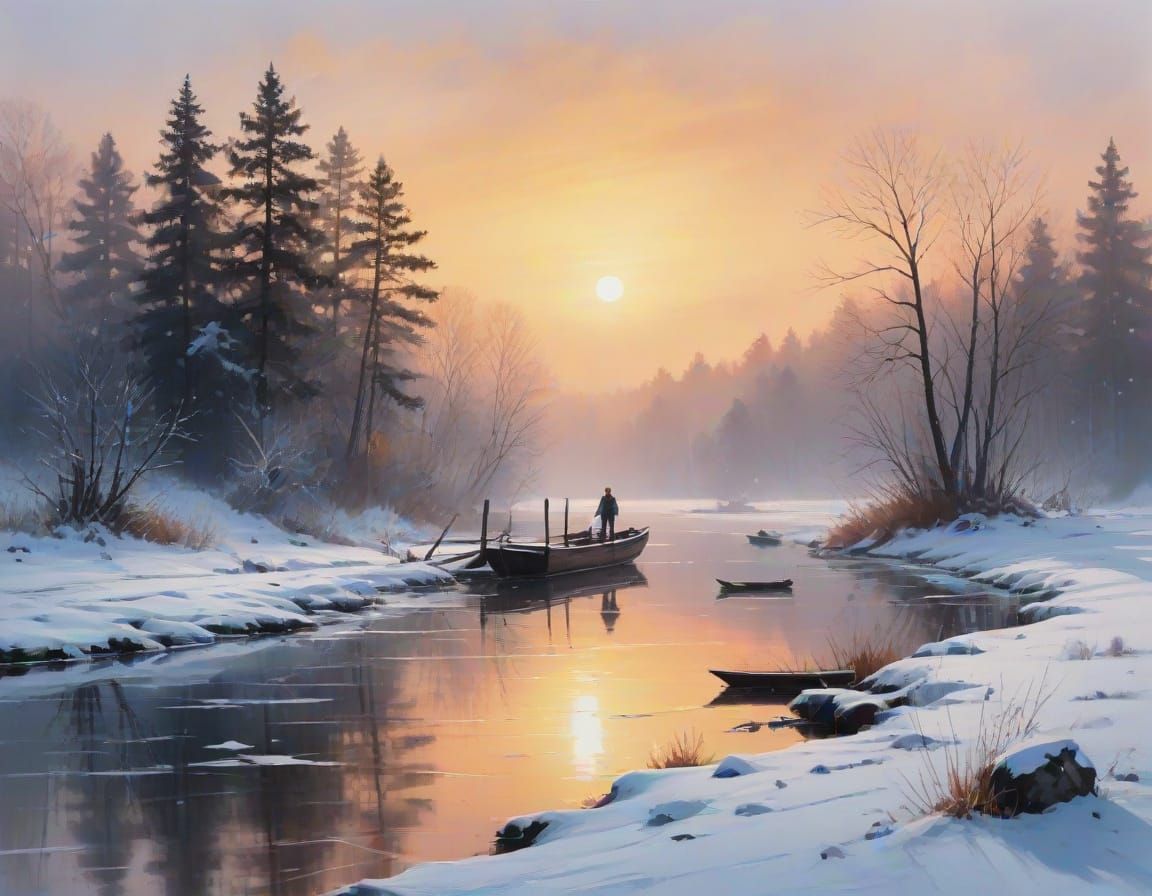 Cozy Winter Scene with Ice Fishermen on a Panoramic Lake