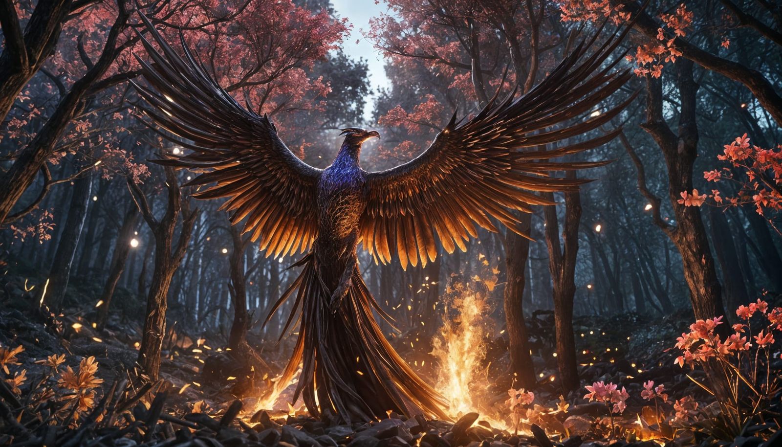 Surreal Hyperrealistic Scene of a Phoenix Rising from Flames...