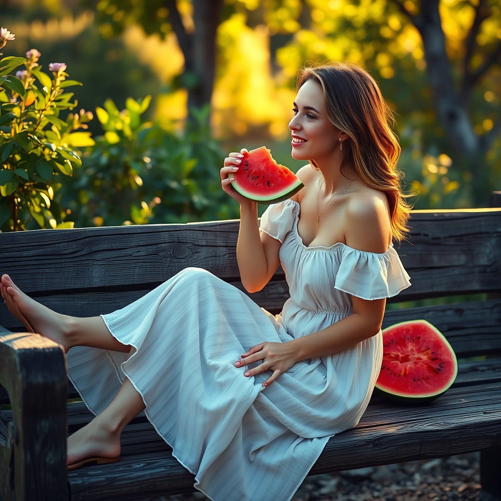 Woman Enjoys Watermelon in Golden Light