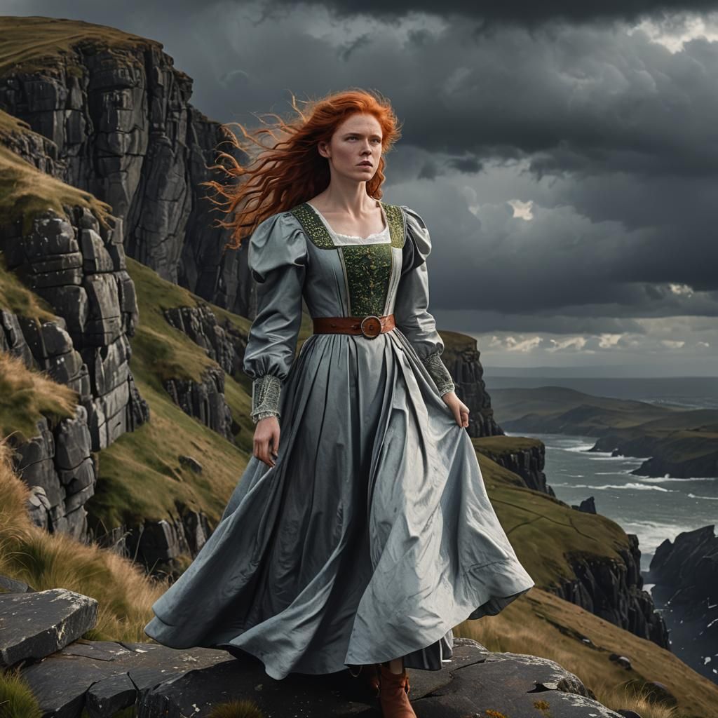 Irish Maiden on Cliff in Stormy Weather