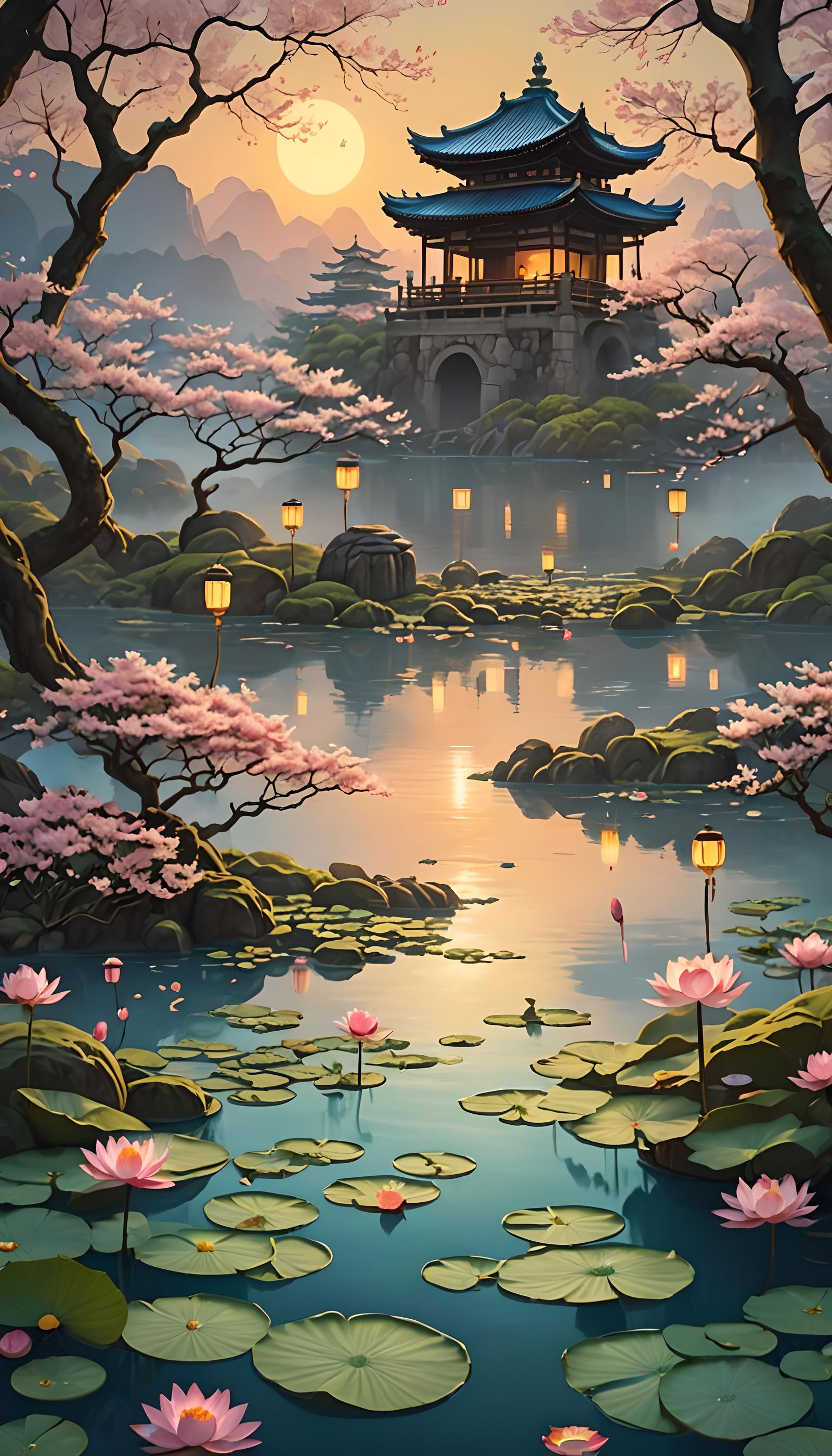 Japanese Cherry Blossom Sunset: Fantasy Concept Art