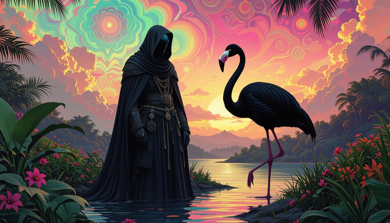 Vessel and Black Flamingo in Psychedelic Arcadia