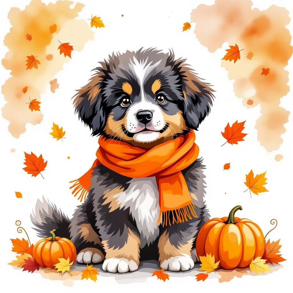 Newfoundland Dog in Autumn, Watercolor Style