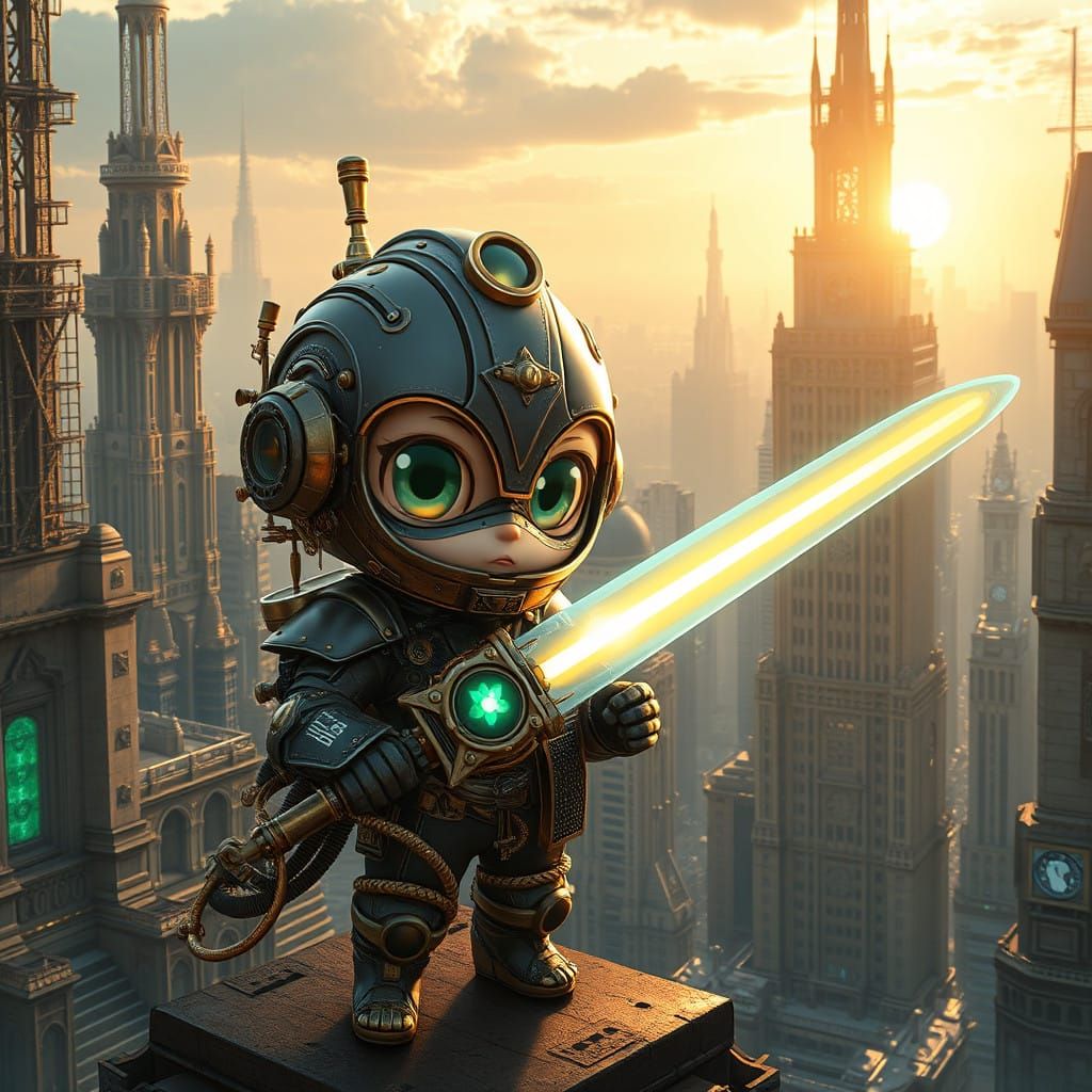 Steampunk Warrior in Cyberpunk Metropolis