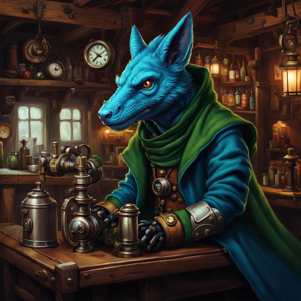 Blue Kobold in Tavern with Steampunk Engine