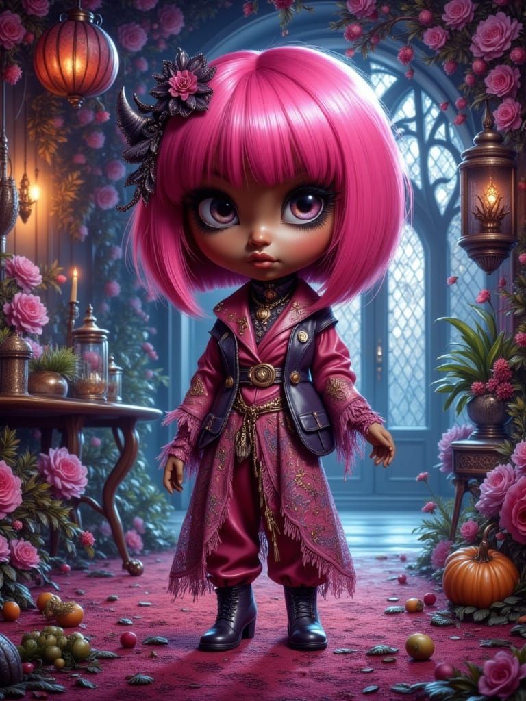 Embarrassed Girl with Pink Hair in Fantasy Room