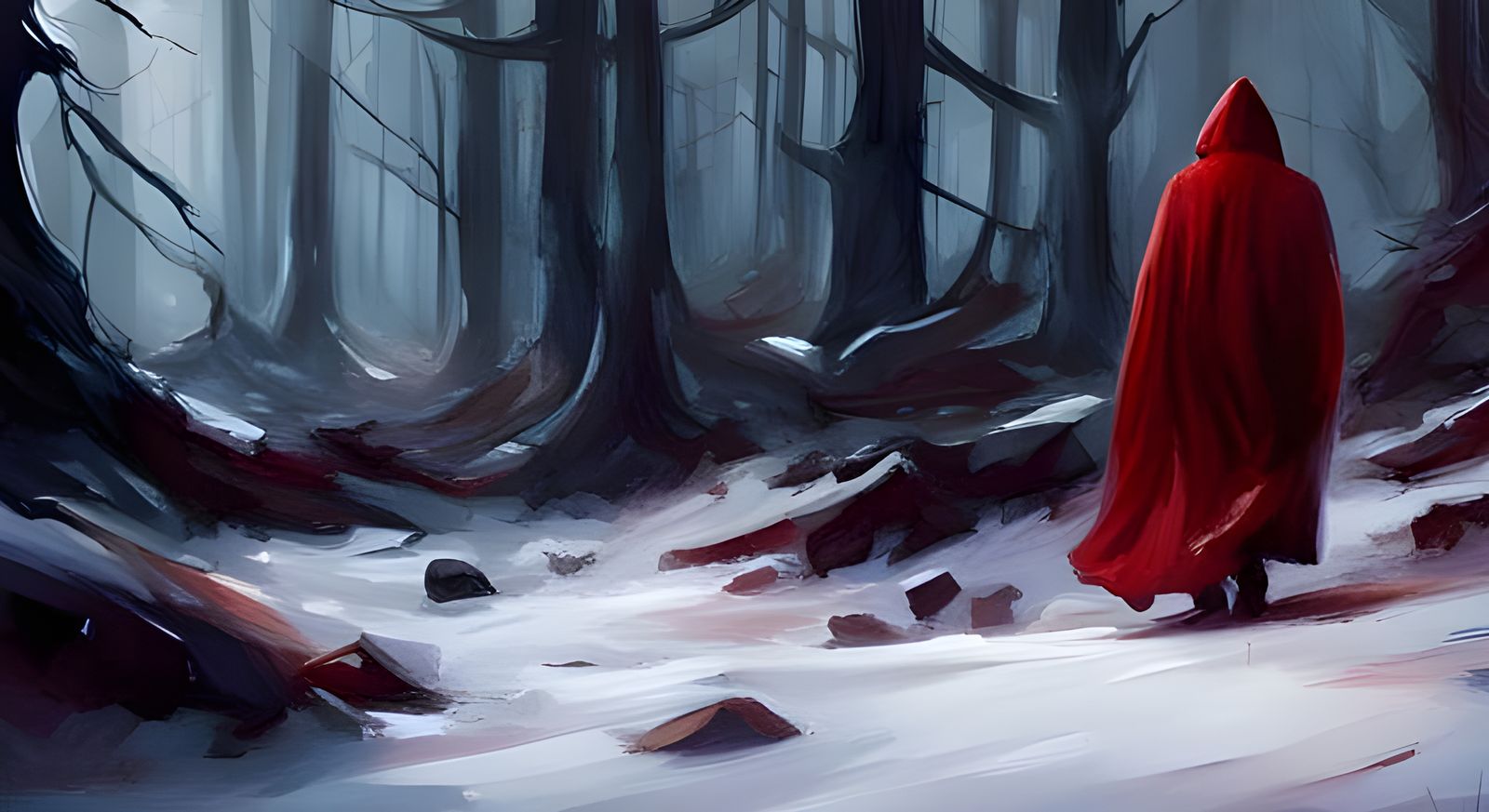 Winter Forest Walker in Red Cloak: Digital Painting