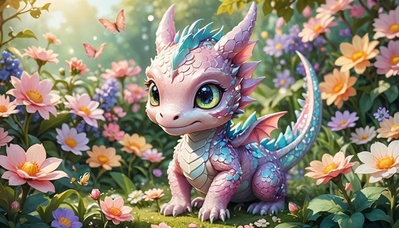 Cute Chibi Dragon in Flower Garden