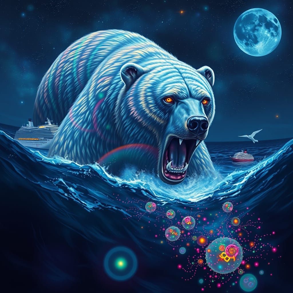 Colossal Iridescent Bear Emerges from the Ocean