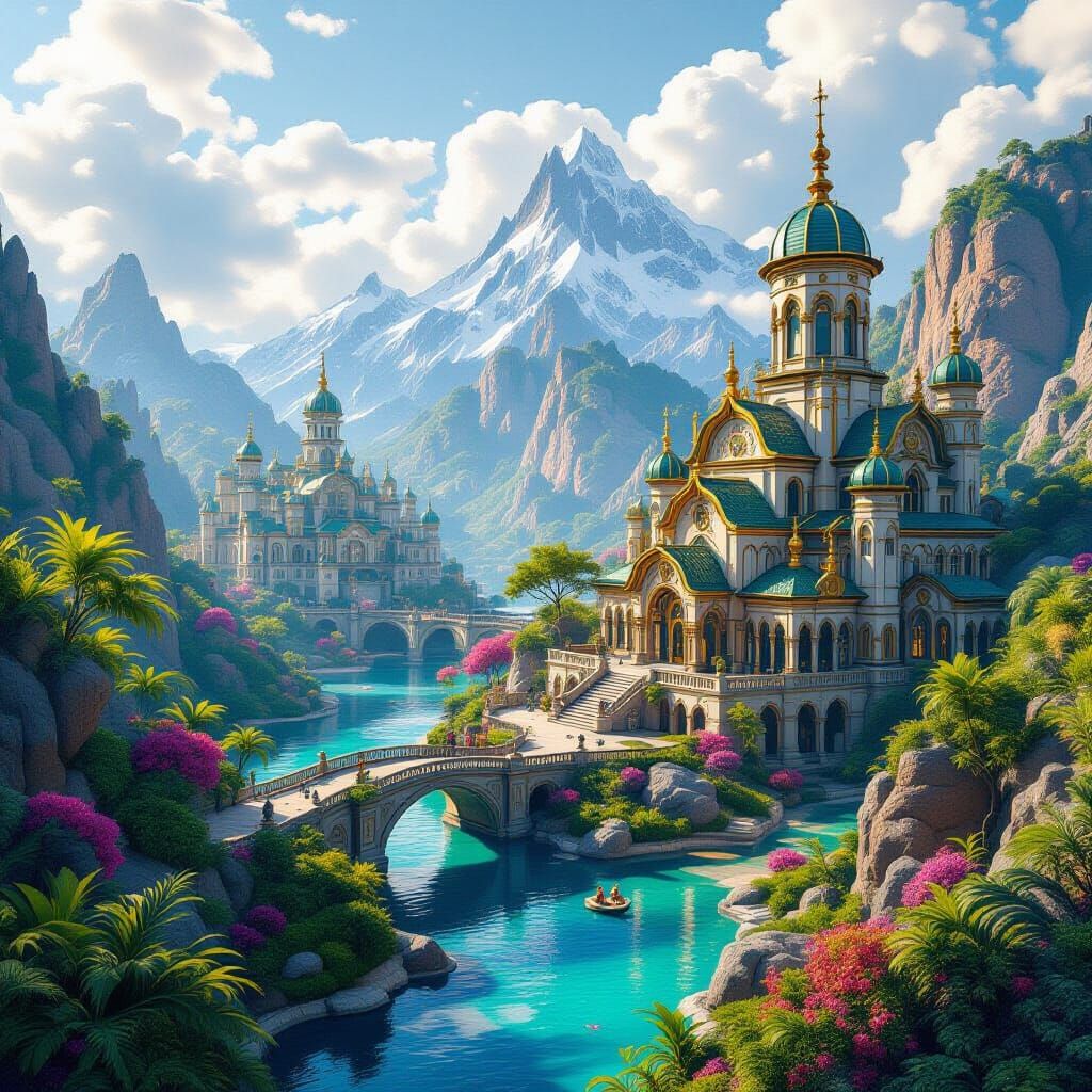 Vibrant Fantasy Landscape with Ornate Architecture