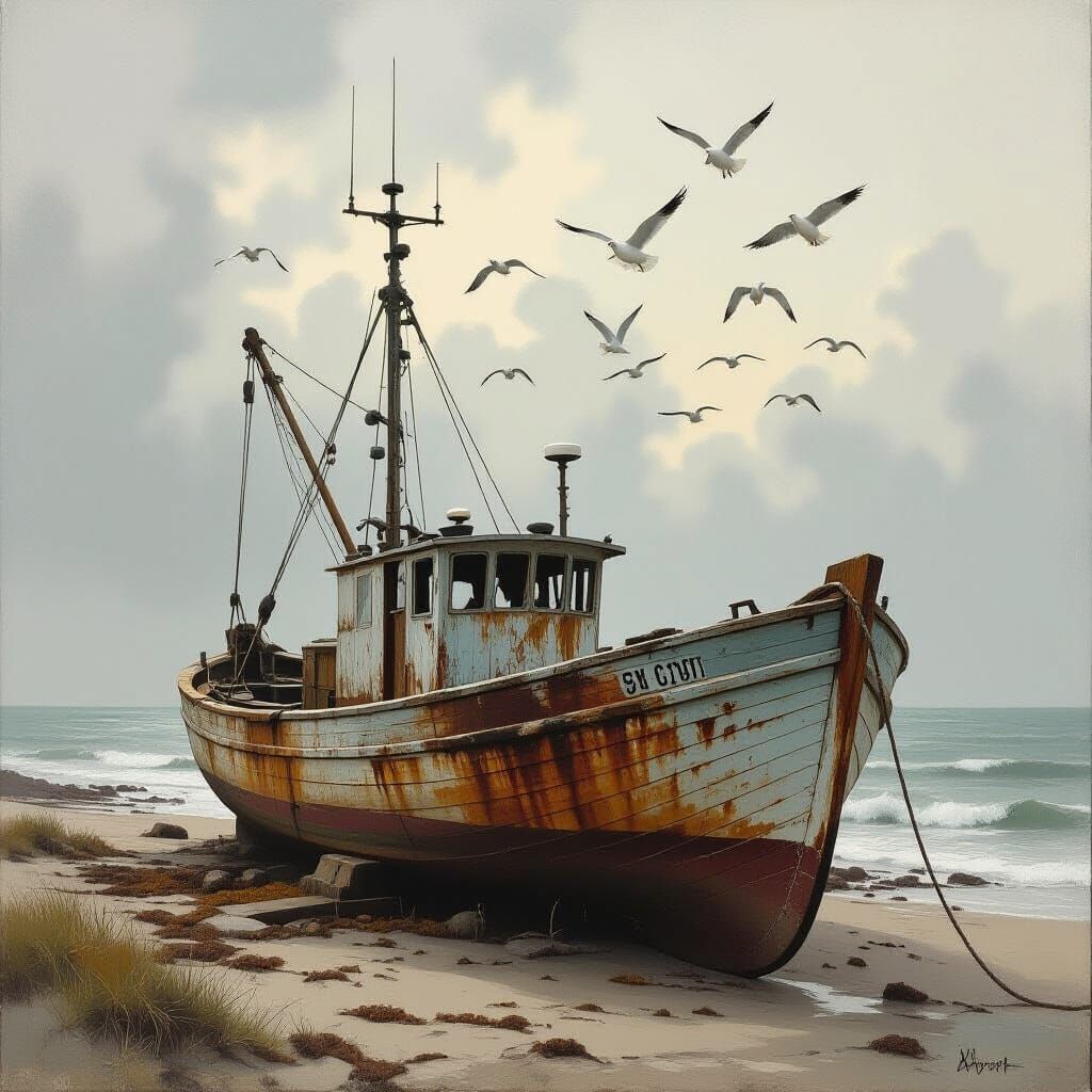 Abandoned Boat & Seagulls in Dramatic Oil Painting Style