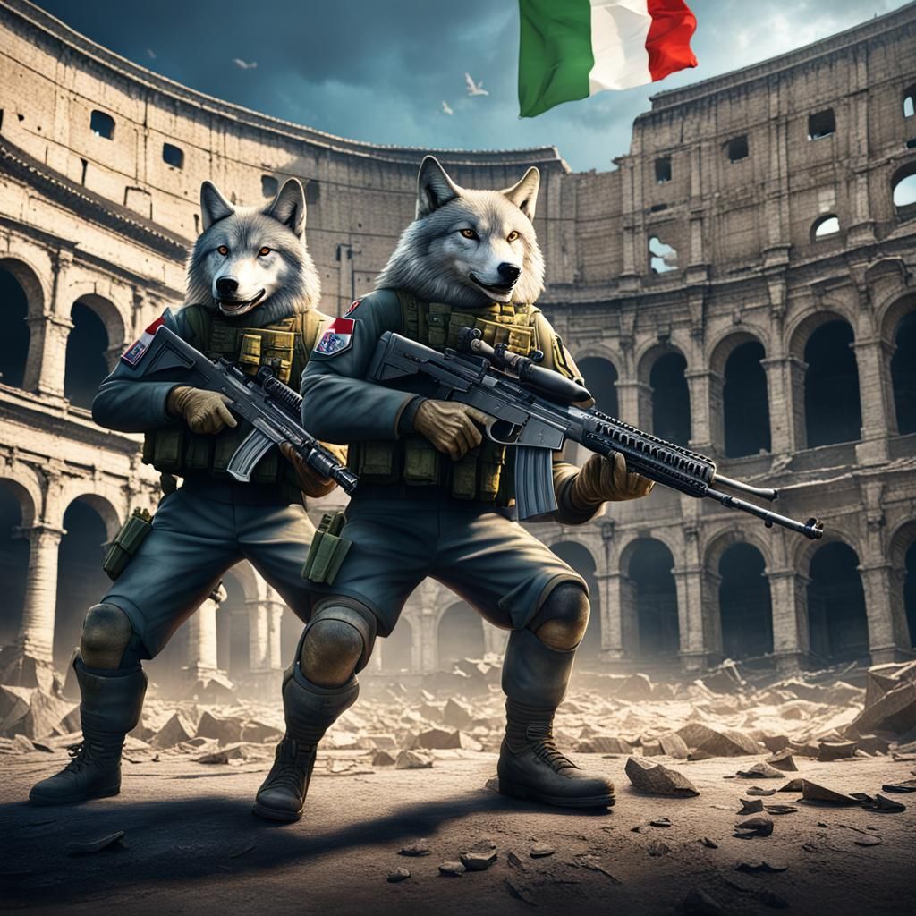 Wolves in Military Uniform near Rome Coliseum