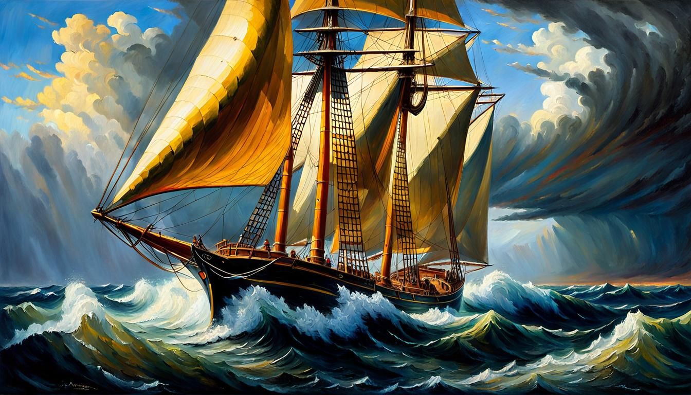 Historic Schooner Battles Stormy Seas in Impressionist Oil P...