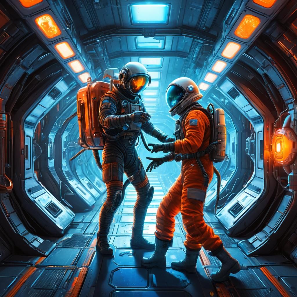 Human and Alien Flee Space Debris on Damaged Spacestation