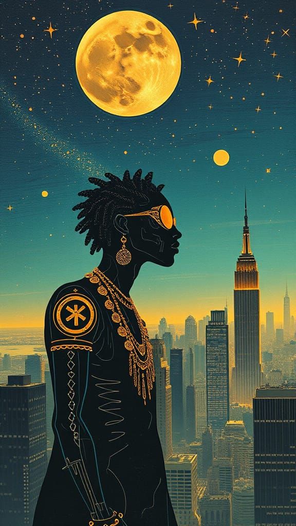 Afrofuturism Cityscape with Cosmic Smile