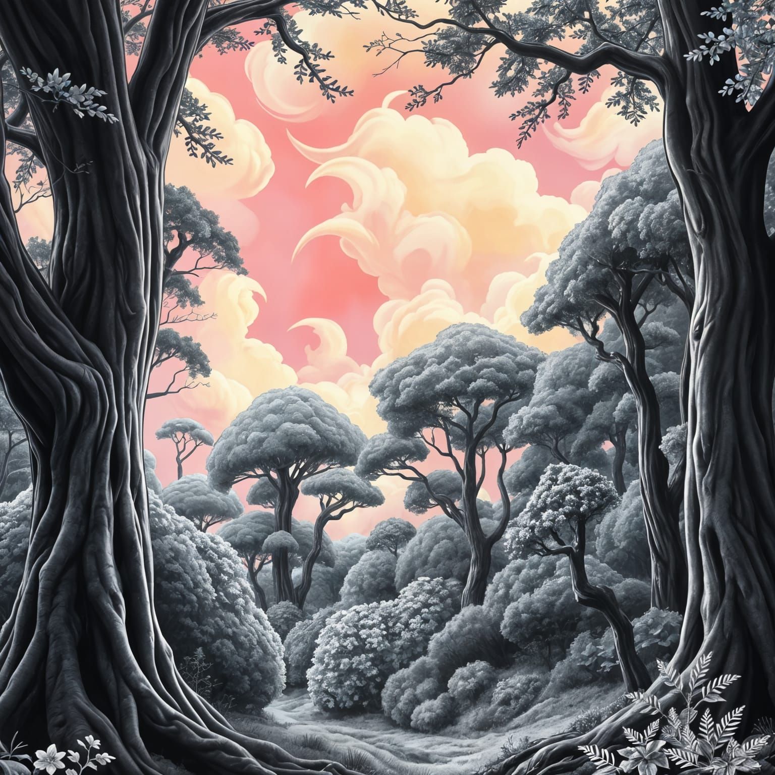 Black and White Forest with Rainbow Sky