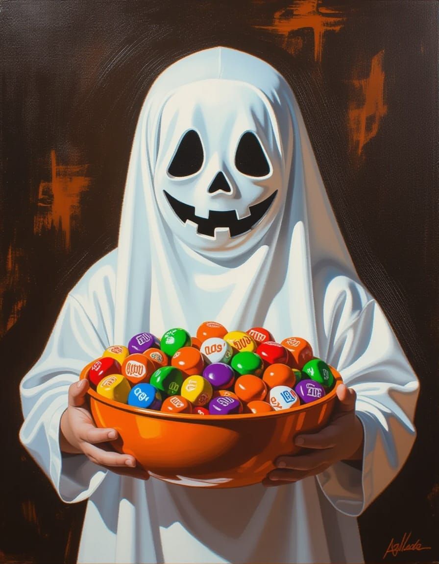 Kid in Ghost Costume Holds Halloween Candy Bowl