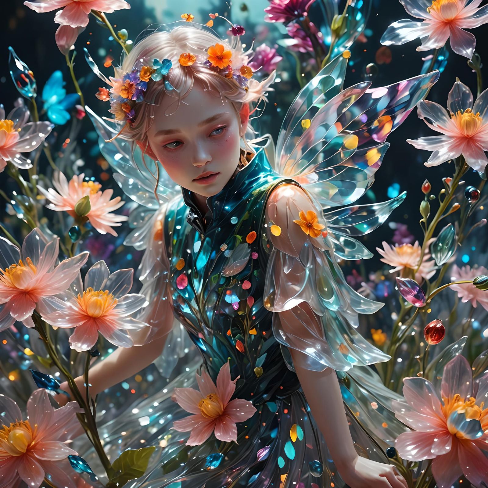 Crystalline Faerie with Liquid Flowers in Macro Photograph